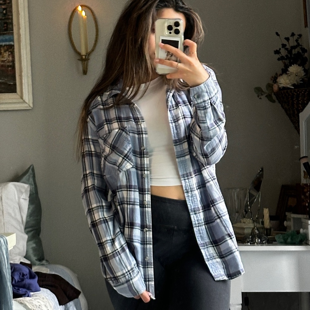 Blue flannel plaid button down shirt